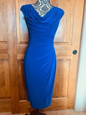 Ralph Lauren Cowl Neck Ruched Sheath Dress in Royal Blue